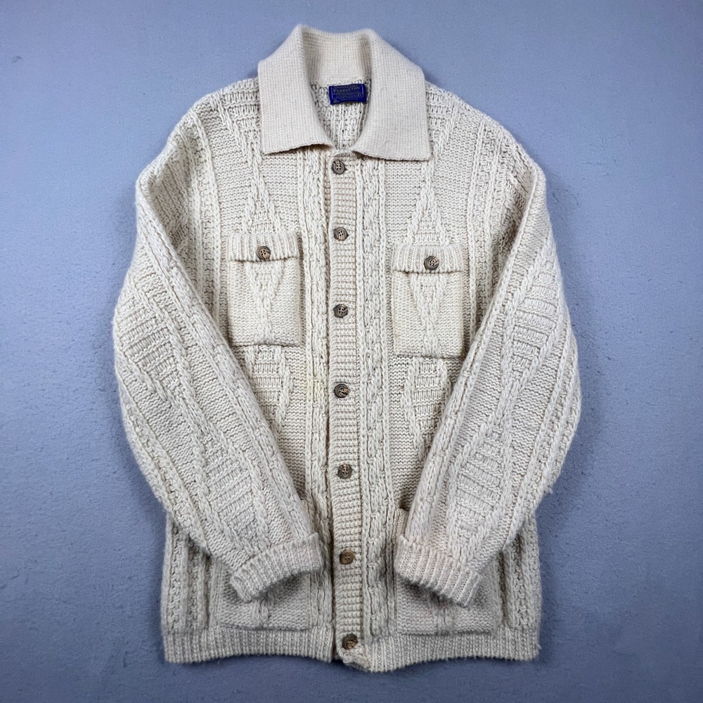 Vintage Pendleton Sweater Mens Large Cream Wool Cable Knit Aran Cardigan USA